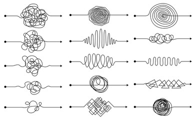 Wall Mural - Set of arrows chaos mindset mess. Doodle knot lines concept with freehand scrawl sketchs. hand drawn difficult thought process. Tangle paths