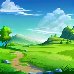 Poster - cartoon illustration image of natural scenery and green grass