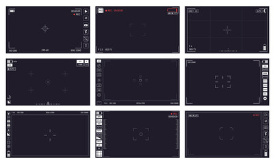 Camera viewfinders set. Focusing screen recording. Black screen cameras with video shooting parameters, photo quiality indicators. Digital zoom recording for modern bloggers