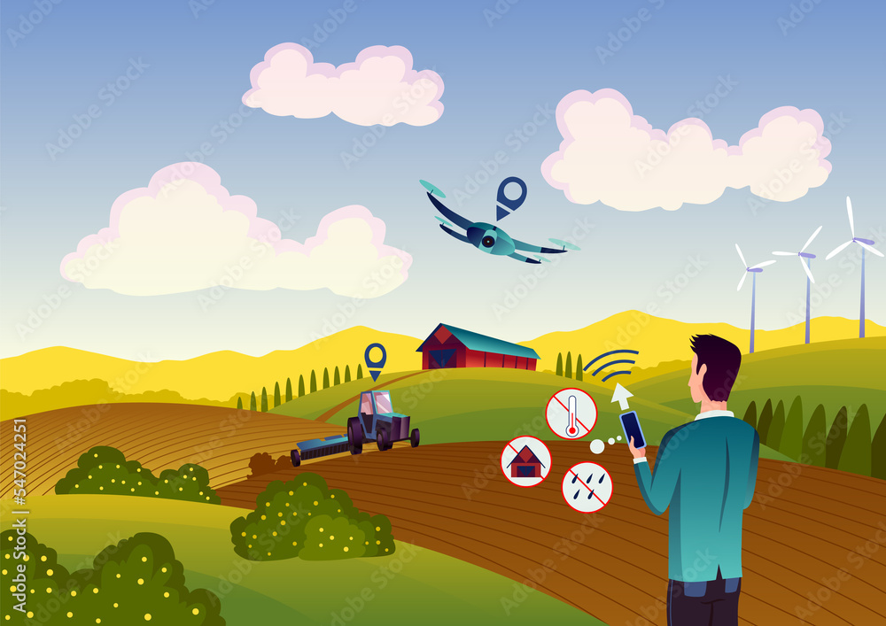 Smart farming. Farmer managing his industrial farm with mobile app on ...