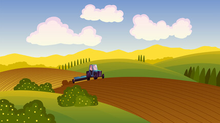 Smart farming. Tractor work on field. Agriculture innovation digital farmers technology illustration