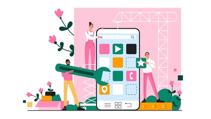 Wall Mural - user interface design video concept. moving men and women create user interface template for applica