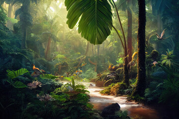 Wall Mural - a beautiful fairytale enchanted forest with big trees and great vegetation. digital painting backgro