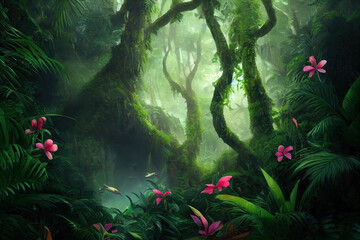 Wall Mural - A beautiful fairytale enchanted forest with big trees and great vegetation. Digital painting background