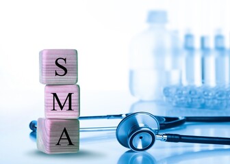 Poster - Wooden cubes blocks and medical stethoscope