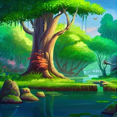 Sticker - Beautiful Trees at River Bank. Lake Forest Secret Garden. Fantasy Backdrop Concept Art. Realistic Illustration. Video Game Background Digital Painting. CG Artwork Scenery Artwork. Nature Illustration