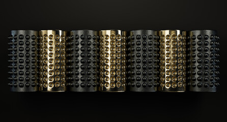 Modern Abstract Iron and Gold 3D Rendered Dimpled Tubes over Black Background