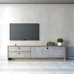 Wall Mural - Modern bureau or tv console mockup in empty living room with concrete wall, 3d rendering