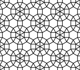 Wall Mural - Dodecagons and hexagons in a contemporary mosaic tile repeating geometric tessellation pattern in black outline, PNG transparent background