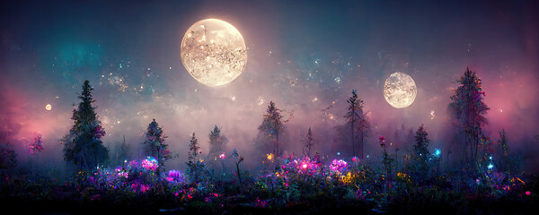 Wall Mural - a beautiful fairytale enchanted forest at night with a big moon in the sky illuminating trees and gr