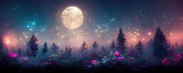 Wall Mural - A beautiful fairytale enchanted forest at night with a big moon in the sky illuminating trees and great vegetation