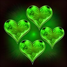 Four Bright Green Hearts In Form A Sheet On A Dark Background, Illustration