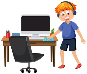 Canvas Print - Boy cleaning computer desk