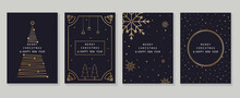 Set Of Luxury Christmas And New Year Card Art Deco Design Vector. Elegant Gradient Gold Line Art Of Christmas Tree, Snowflake On Dark Background. Design For Cover, Greeting Card, Print, Post, Website.