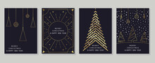 Set Of Luxury Christmas And New Year Card Art Deco Design Vector. Elegant Gradient Gold Line Art Of Christmas Tree, Bauble On Dark Background. Design For Cover, Greeting Card, Print, Post, Website.