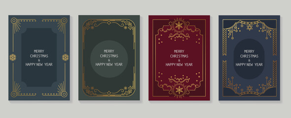 Set of luxury christmas and new year card art deco design vector. Elegant element gradient gold line art of snowflake, holly, gatsby style frame. Design for cover, greeting card, print, post, website.