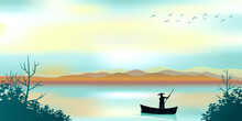 Vector Illustration Design Of Asian Fisherman On A Boat In The Middle Of The Sea Looking For Fish