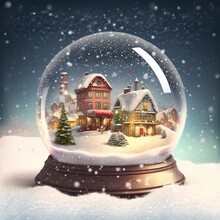 Winter Wonderland With Little Town And Christmas Tree Inside A Snow Globe , Snowing, Festive.	