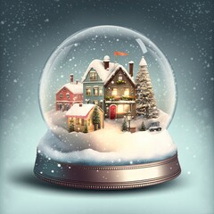 Canvas Print - winter wonderland with little town and Christmas tree inside a snow globe , snowing, festive.	