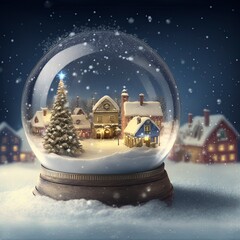 Canvas Print - winter wonderland with little town and Christmas tree inside a snow globe , snowing, festive.	