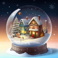 Canvas Print - winter wonderland with little town and Christmas tree inside a snow globe , snowing, festive.	