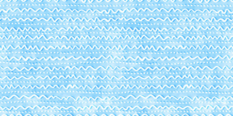 Wall Mural - Tranquil blue seamless playful hand drawn kidult squiggly doodle lines and polka dot fabric pattern. Cute watercolor stripes background texture. Boys birthday, baby shower or nursery wallpaper design.