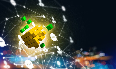 Wall Mural - concept of internet and networking with digital cube figure on dark background