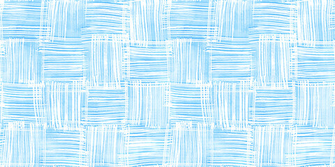Wall Mural - Tranquil blue seamless playful hand drawn kidult woven crosshatch checker doodle fabric pattern. Cute watercolor stripes background texture. Boys birthday, baby shower or nursery wallpaper design.