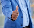 Thumbs up, closeup and businessman winner support or thank you motivation. Success, celebration and corporate man hands zoom for yes, agreement and praise achievement or approval or thanks hand sign