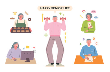 Wall Mural - a collection of senior characters who exercise and learn new things for a healthy old age.