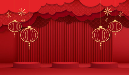 Wall Mural - Podium stage chinese style for chinese new year and festivals or mid autumn festival with red background. mock up stage with festive lanterns and clouds. vector design.