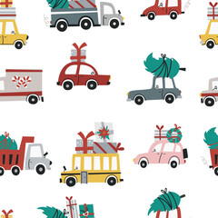 Wall Mural - Christmas seamless pattern with cute cars.