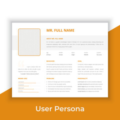 User Persona Document Template Vector Illustration. Examples of User Personas template. Persona Document. Persona Template for UI UX designer. User Persona vector horizontal template with blue color. 