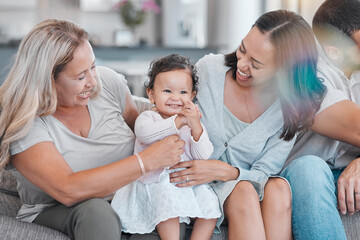 Canvas Print - Family, love and baby with a mother, grandmother and infant girl bonding on a sofa in the living room of a house. Mothers day, children and visit with a female toddler, woman and daughter at home