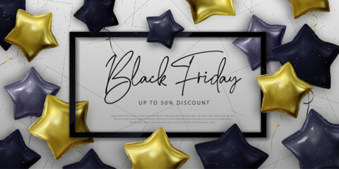 Black friday big sale typography poster with  black and gold star shaped balloons. Vector illustration