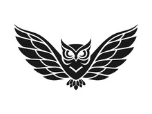 Owl With Open Wings,  Black And White Tattoo Of Eagle Owl, Front View. Qualitative Vector Illustration For Circus, Sports Mascot, Zoo, Wildlife, Nature, Etc
