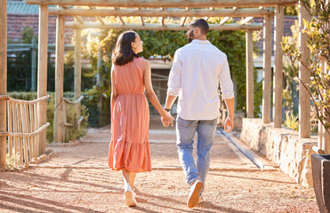 Canvas Print - Couple, holding hands and outdoor on travel date for love, care and happiness together in nature park while talking, bonding and walking in summer. Man and woman having conversation about marriage