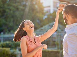 Poster - Couple, happy and dance outdoor for love, care and support or relationship bonding together. Woman, dancing celebration with man and quality time or comic romance, happiness and smile in park