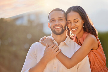 Canvas Print - Love, sunshine and portrait of couple in park enjoying summer holiday, vacation and weekend. Bonding, affection and happy young man and woman hugging, embrace and smiling together on romantic date