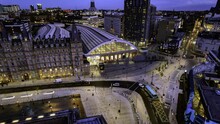 Night Drone Hyperlapse Of Entrance To Lime Street Railway Station, Liverpool