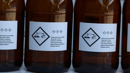 Poster - The corrosive chemical symbol on the bottle, dangerous chemicals in industry or laboratory