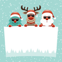 Wall Mural - Baum Rentier Und Weihnachtsmann Sonnenbrille Halten Schild Schnee Türkis Dunkelrot