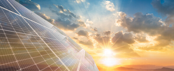 Wall Mural - Sun rays over solar panel, Solar energy, Renewable energy concept. 