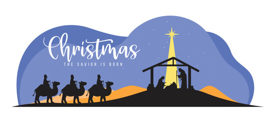 Wall Mural - Christmas, the savior is born banner with Nightly christmas scenery mary and joseph in a manger with baby Jesus and Three wise men go for the star of Bethlehem vector design