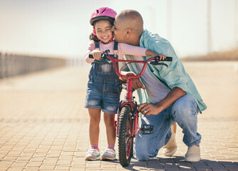 Sticker - Father, child and kiss while outdoor with a bicycle with a girl learning, development and training on a bike in summer for fun, love and quality time. Man teaching kid to ride at a park on vacation