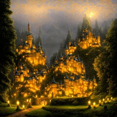 Canvas Print - Yellow lighted castle in dusk 3d illustration