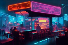 Cyberpunk Bar Interior Design With Neon Lights  Illustration