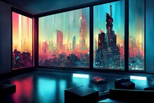 Synthwave 90's Metropolis View From Inside With Skyscrapers And Neon Lights