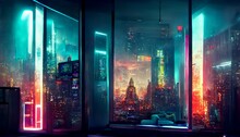 Synthwave Style  Metropolis View From Inside With Skyscrapers
