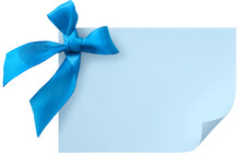 Realistic Light Blue Gift Tag Or Congratulations Card With Silk Ribbon Bow, Isolated